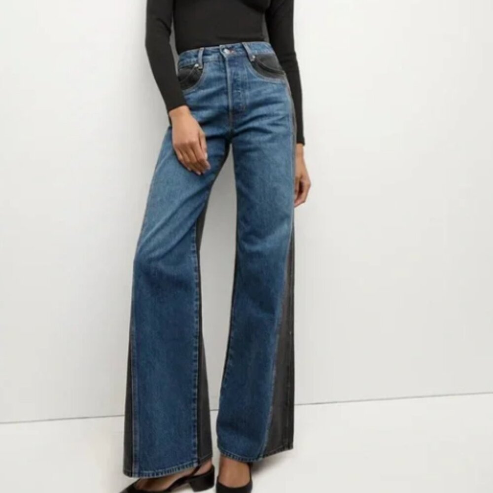 Veronica Beard Two-Tone Wide Leg Jeans, Size 29